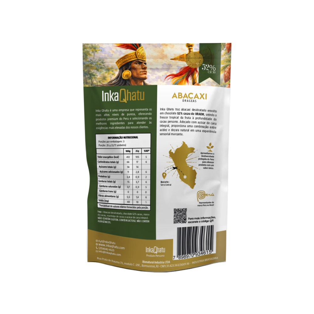 Abacaxi com chocolate 52% cacau adoçado com açúcar de cana integral| 85g
