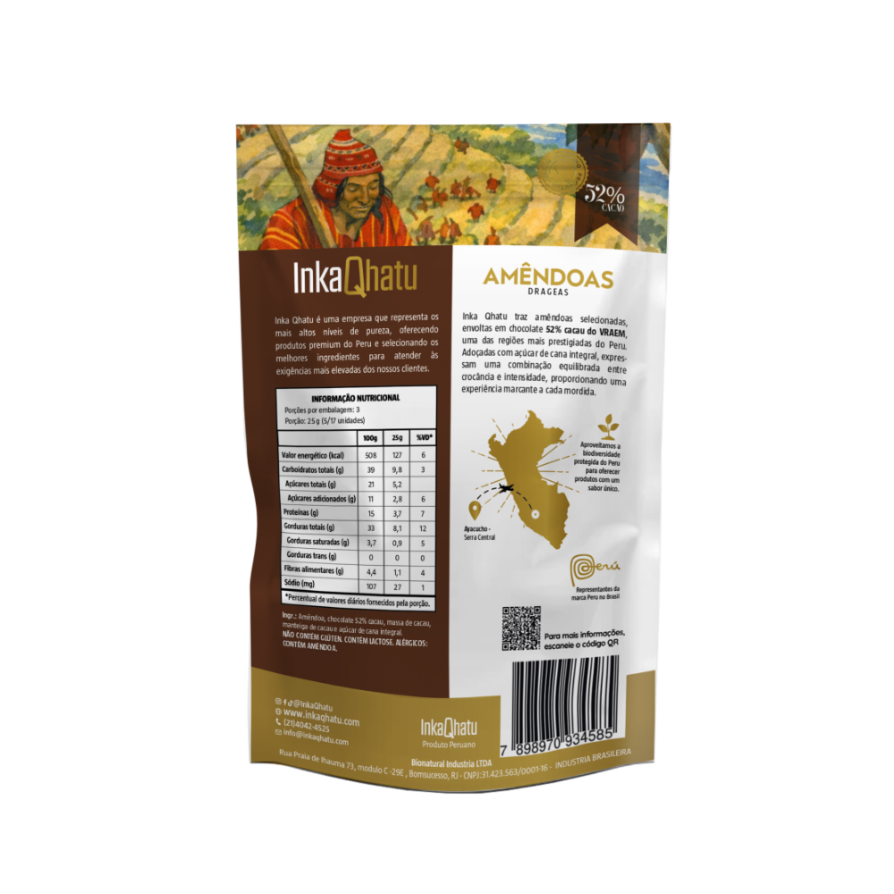 Amêndoas com chocolate 52% cacau adoçado com açúcar de cana integral | 85g