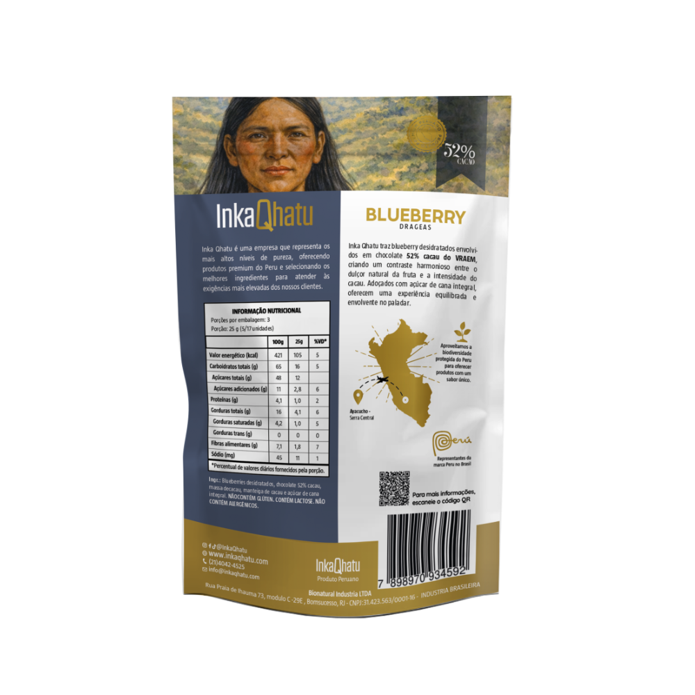 Blueberry com chocolate 52% cacau adoçado com açúcar de cana integral | 85g