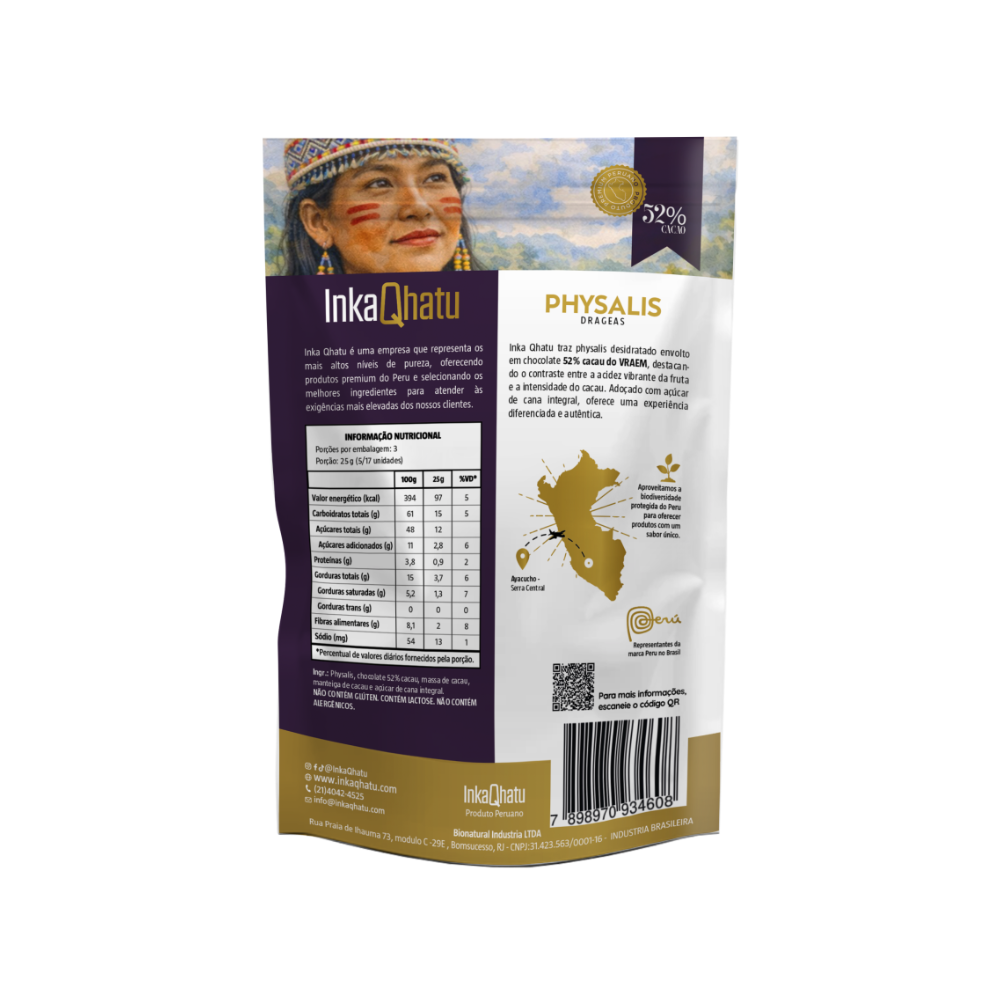 Physalis com chocolate 52% cacau adoçado com açúcar de cana integral| 85g