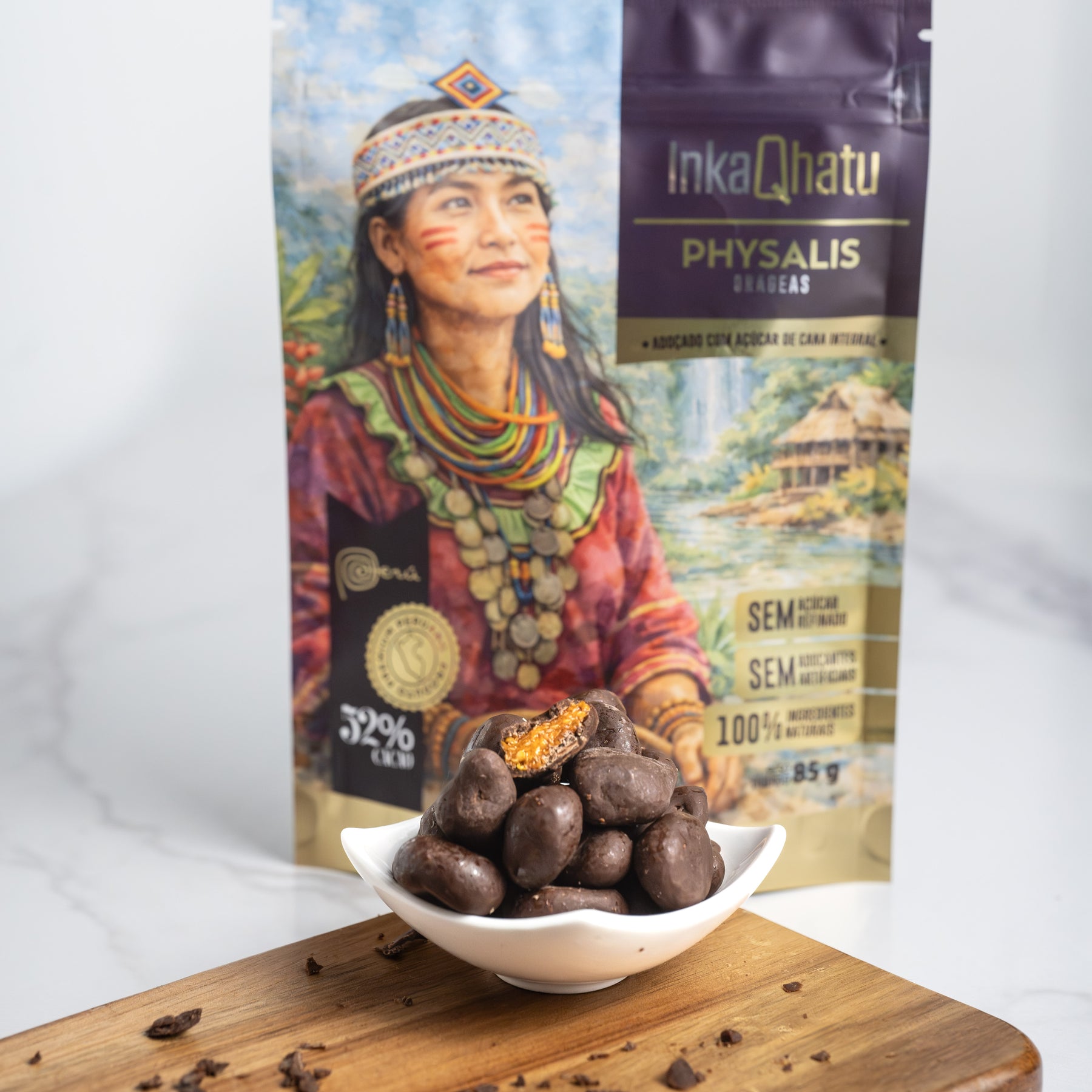 Drágeas de physalis com chocolate 52% cacau adoçado com açúcar de cana integral| 85g